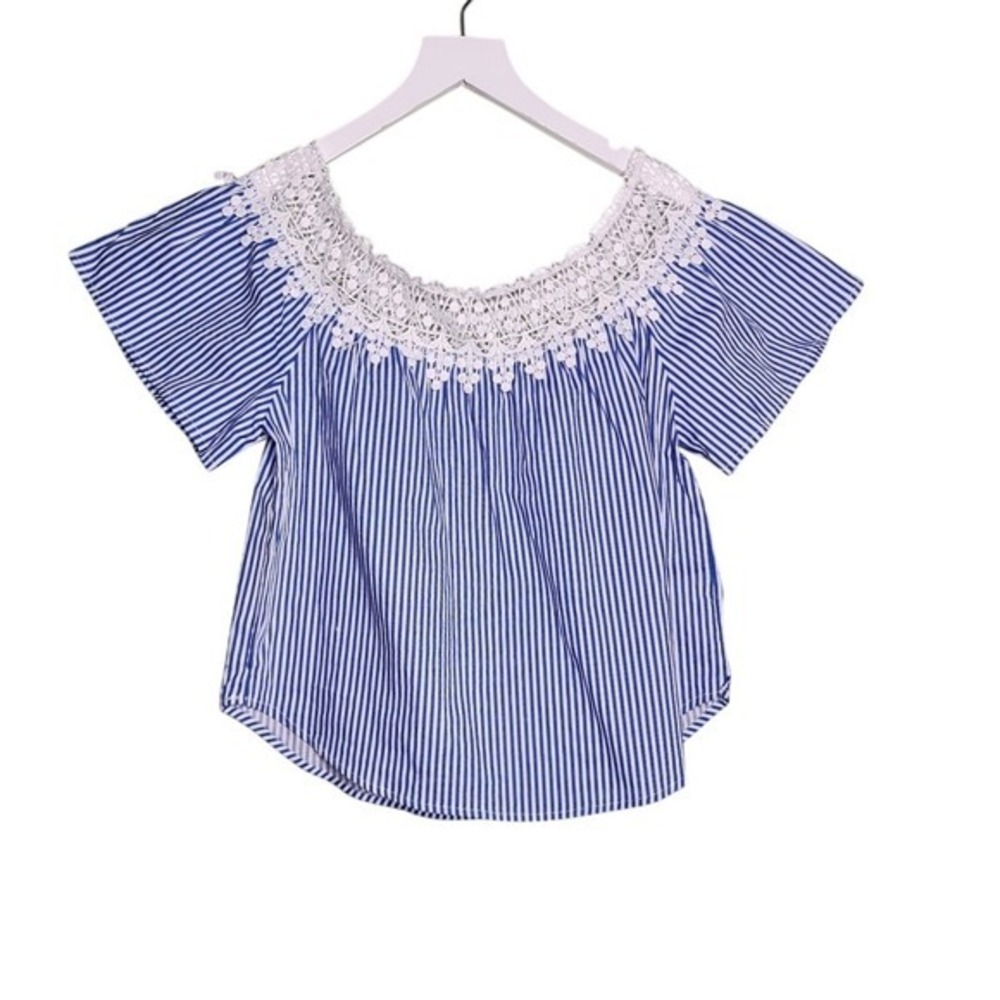 Ambiance Crochet Lace Top Blue White Vertical Stripe Boho Milkmaid Beach S